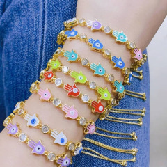 BC1391 Adjustable Dainty 18k Gold Plated Rainbow Enamel Multi Colored Hamsa Hand with Eye and CZ Spiritual Chain Slide bracelets