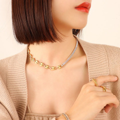 18k Gold Plated Stainless Steel Half Rectangle CZ Baguette Tennis Half Coffee Bean ChainNecklace and Bracelet Jewelry Set