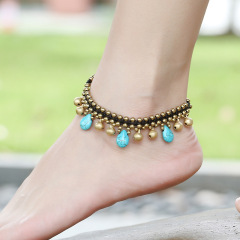 Handmade Turquoise & Non Tarnish Brass Bell Charms Anklets Jewelry, Boho Beach Jewery Ankle Bracelet  for Girls Women