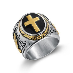 RS1026 High Quality Non Tarnish Hiphop 18k Gold Plated Stainless Steel Cross Signet Mens Rings