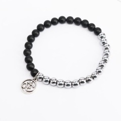 BN1316 Fashion Black Matte Onyx with Silver Plated Hematite Beaded Bracelet with OM charm,Yoga Bracelets