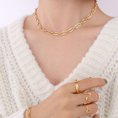 Simple Unique Waterproof Non Tarnish18k Gold Plated Stainless Steel Paperclip Chain Choker Necklace & Bracelet Jewelry Sets