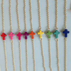 BR0054 Multicolor Stone Cross Chain Bracelet,Sideways Stone Cross Bracelet