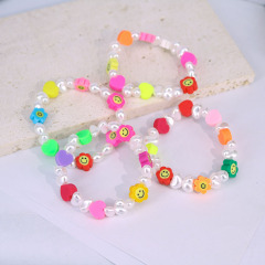 BP1037 Colorful Polymer Clay Heart and Smiley Flower and Irregular Pearl Beaded Elastic Children's Bracelet for Child Girls