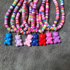 NC1099 Fashion rainbow polymer clay disc heishi beaded enamel gummy bear charm necklaces