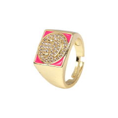RM1204 Hot Selling Enamel 18k Gold Plated Smiley Happy Face Signet Square Adjustable Rings for Ladies