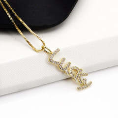 Fashion 18k Gold Plated CZ Paved Vertical Words Love Lucky Dream Boss Kiss Mama Charm Pendant Necklace for Women Ladies