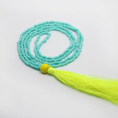 NE2180 Fashion hand knotted aqua glass seed beads necklace with yellow tassel