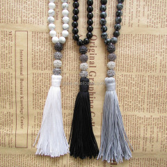 NE2364-3 natural stone beaded black onyx beaded gemstone necklace,tassel necklace with crystal pave bead
