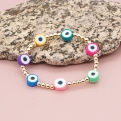 BP1029 Fashion Beach Jewelry Multi Colored Bohemian Elastic  Vinyl Polymer Clay Evil Eyes Disc and Tiny Gold Ball Bead Bracelets