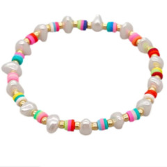 BP1035 Rainbow Polymer Clay Disc Beads and Tiny Gold Accents and Freeform Pearl Bead Children's Bracelet for Ladies  Girls