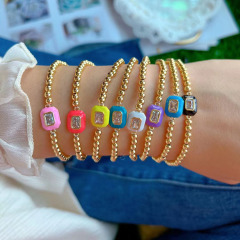 BC1423  Delicate Small 18K Gold Plated Beads with Enamel Multi Colored CZ Rectangle Bead Elastic Bracelets for Women 2021
