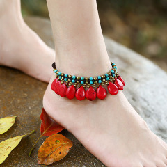 Handmade Turquoise & Non Tarnish Brass Beaded Anklets Jewelry, Boho Bohemian Beach Jewery Ankle Bracelet  for Girls Women