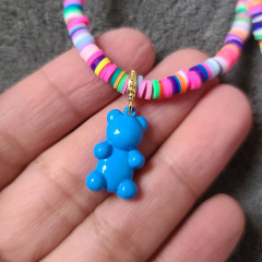 NC1099 Fashion rainbow polymer clay disc heishi beaded enamel gummy bear charm necklaces