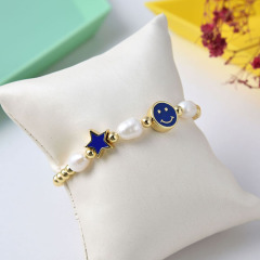 BB1033 Macrame 2021 design tiny 18k gold accent ball bead genuine freshwater pearl beaded Enamel Star Smiley Adjustable Bracelet