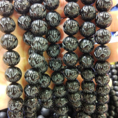 AB0669 Wholesale Engraved Lotus Flower Black Onyx Stone Jewelry Beads