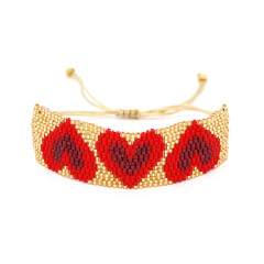 BG1039 Women Boho Miyuki Seed Loom Beaded Red Love Heart Pattern Cuff Bracelet