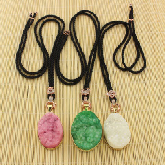 NE0513 Fashion Gold Plated Natural Crystal Quartz Druzy Pendant Necklace With Black Cord Chain