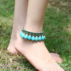 Handmade Turquoise & Non Tarnish Brass Beaded Anklets Jewelry, Boho Bohemian Beach Jewery Ankle Bracelet  for Girls Women