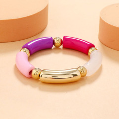 BA2008 Fashion Resin Acrylic  Bamboo Curved Tube Beaded with Gold Accents Stacking bracelet Bangle