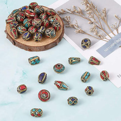 NB0086 Fashion Assorted handmade tube nepal nepalese brass Inlaid Turquoise and Coral tibetan prayer beads
