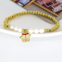 BC1369 Tiny gold beads and Pearl Beaded Bracelet with CZ Pave Enamel Christmas Gift Tree Santa Claus Charm