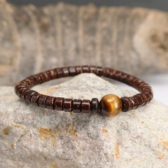 BW3030 Fashion coconut shell wood bead bracelet with tiger's eye stone focal beads,Protection,Surfer Bracelet