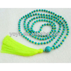 NE2102 Small turquoise beaded necklace, yellow tassel knotted necklace, round turquoise pendant necklace