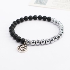 BN1316 Fashion Black Matte Onyx with Silver Plated Hematite Beaded Bracelet with OM charm,Yoga Bracelets
