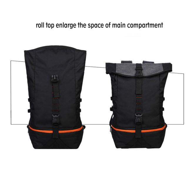 custom outdoor casual roll top sports backpacks with shoe pocket laptop compartment travel camping