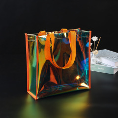 PVC laser advertising gift bag customized transparent colorful plastic shopping cosmetic bag customized logo