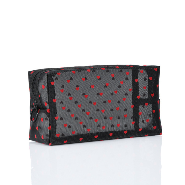 Ins mesh flocking love make-up bag portable mouth red bag travel wash storage bag subpackage toilet bag 6 sets