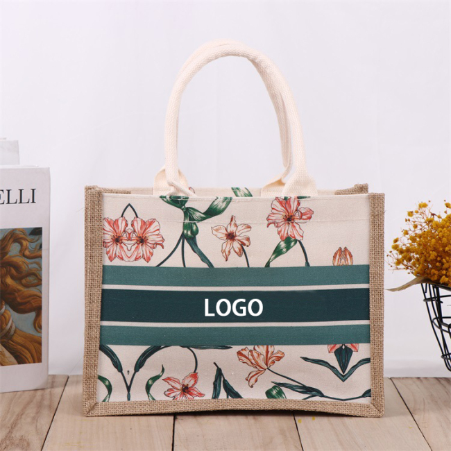 OEM/ODM Factory price Popular large fashion lady latest custom logo printed summer jute linen tote beach bag with leather handle