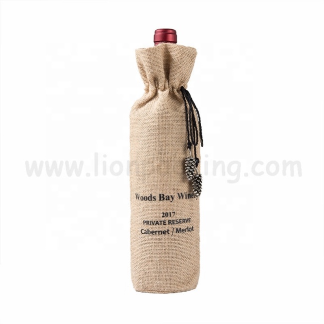 Custom logo printing burlap party wedding gift pouch jute promotional single wine bottle bags