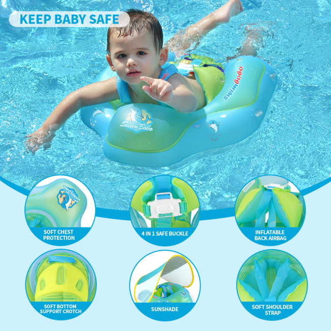 Inflatable Baby Swimming Float with Safe Bottom Support and Retractable Canopy for Safer Swim