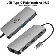 HUB USB C a USB3.0 HDMI VGA RJ45 Gigabit Ethernet SD / TF Adaptador de carga PD Estación de acoplamiento USB C convertidor de concentrador tipo c 8 en 1
