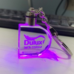 Credit guarantee Custom 3D Laser Engraving D shape logo LED light crystal Glass Keyring for Souvenir gift