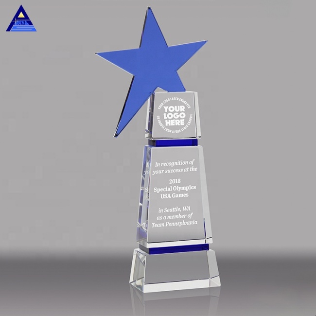 High Quality Souvenir Gift Glass Blue Star Crystal Award Trophy For Employees Awards