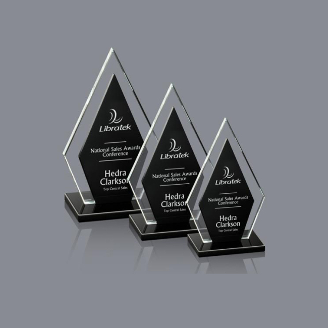 Clear Diamond Shape Glass Award Plaque With Metal Silver Base Custom Company Annivery Gift
