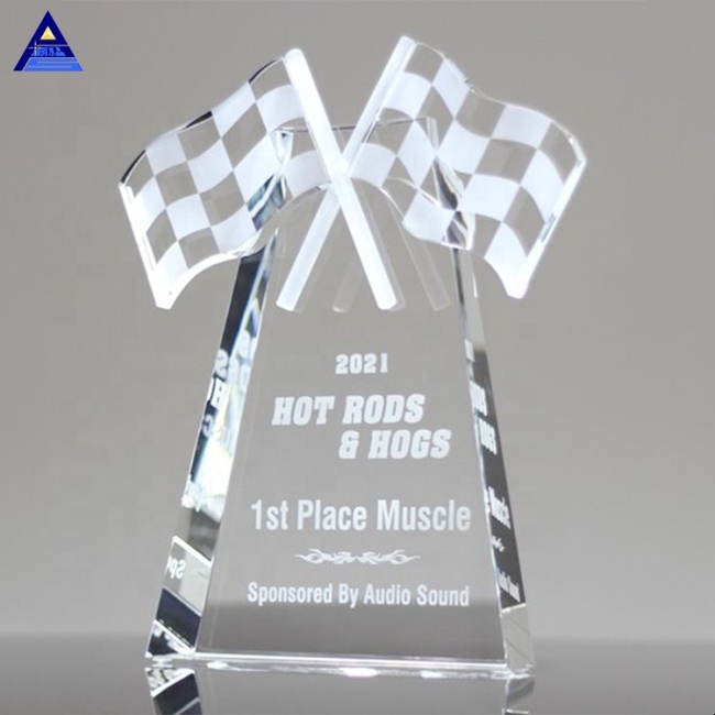 Wholesale Hot Sell High Quality Checkered Flags Crystal Trophy For Sports Award