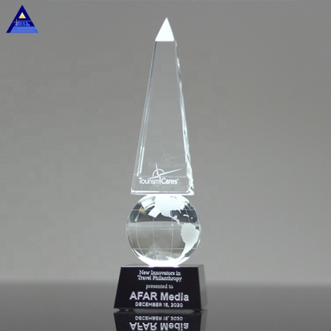 Custom Crystal Pillar Monumental Globe Obelisk Trophy for Majestic Business Awards