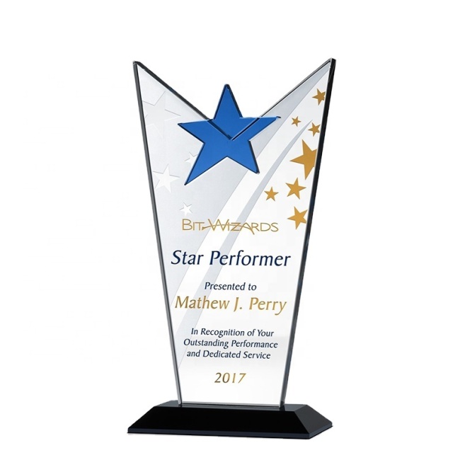 wholesale Blank Star Shape Crystal Trophy Award Blue Crystal Plaque Trophies