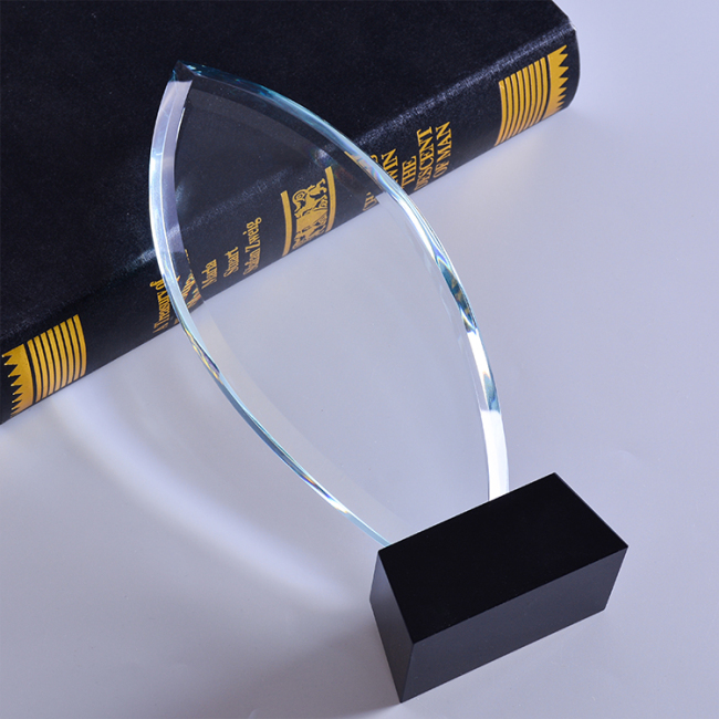 High Quality K9 Blank Block Glass Leaf Shape Oval Crystal Award Trophy With Black Base