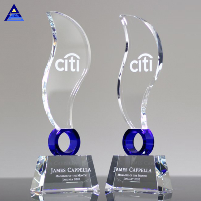 Factory Sales Color Elliptic Blue Flame Crystal Glass Award Trophy