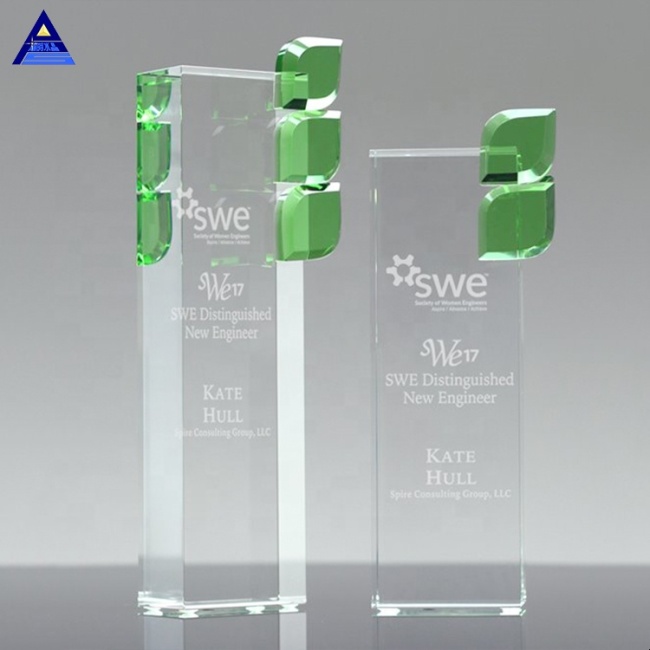 Pujiang Glass Trophy Various Size Crystal Green Leaf Award For Achievement