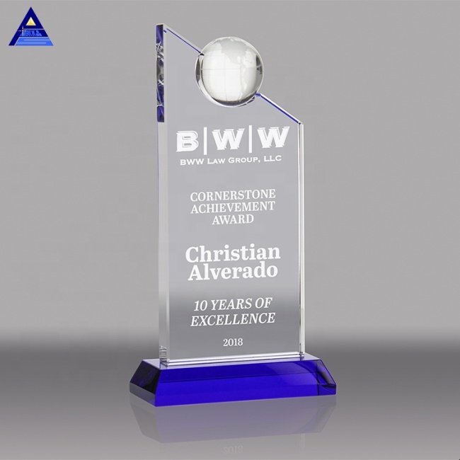 Custom Blue Globe Devotion Crystal Award Trophy Plaque