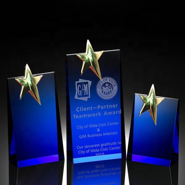 Souvenir Gift Popular K9 Crystal Plaque Blue Material Custom Blue Award Crystal Star Trophy