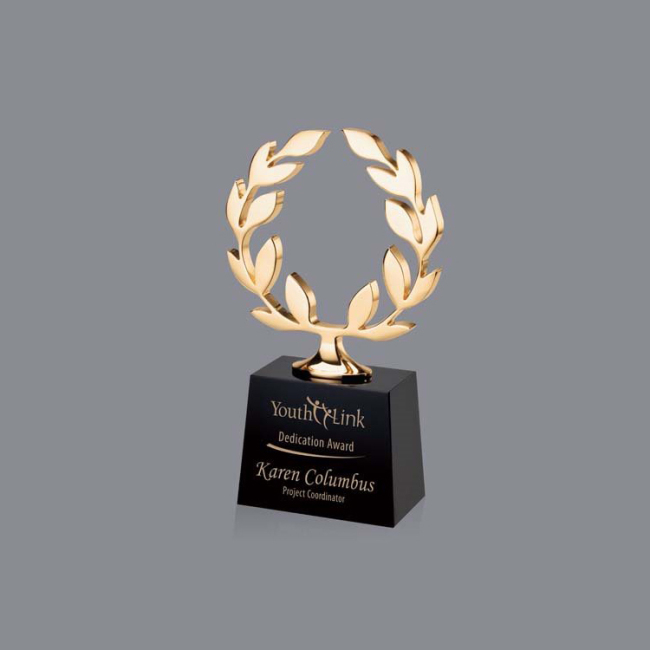 black  trophy cube with metal gold Olive branch peace world  Crystal Trophy